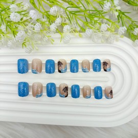 Blue Press on Nails Short Square Fake Nails with Coconut Palm Glitter Designs Sea Wave Glue on Nails Summer Nails Press ons Nude Acrylic Nails Cute False Nails Simple Stick on Nails for Women 24Pcs