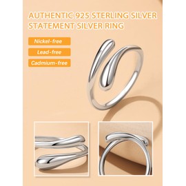 Bestyle Adjustable Rings Women's 925 Silver Droplet Ring, Gemstone Ring, Open Thumb Ring, Simple Ring, Teardrop Chunky Rings, Size Adjustable from 50-60, Sterling Silver