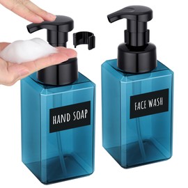 Segbeauty Square Foam Pump Bottle Refillable 15.2oz, 2pcs Empty Foaming Soap Dispenser Bathroom, Blue Foaming Pump Bottles with Label Stickers, Refillable Foam Soap Dispenser for Kitchen Sink 450ml