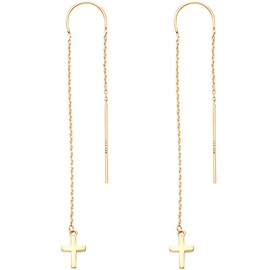 14K Solid Gold Cross Threader Earrings, Dangle Chain Drop, 14K Yellow Gold Threader Earrings, Religious Jewelry