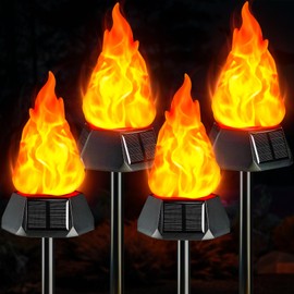 Upgraded Solar Torch Lights Outdoor with Realistic Flickering Flames, 16H Runtime, Faster Charging, IP65 Waterproof Flame Lights for Camping Patio Yard Garden Landscape Halloween Decorations, 4 Packs