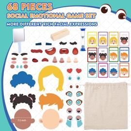 PP OPOUNT Social Emotional Learning Toy, Funny Faces Games with 53 PCS Facial Expressions and 12 Emotional Flashcards, Preschool Learning Activities Toy to Express Emotions for Kids