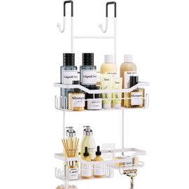 HapiRm Hanging Shower Caddy Over the Door with Soap Holder, No Drilling Adhesive Shower Organizer with 11 Hooks, Rustproof & Waterproof 304 Stainless Steel Bathroom Shelves - White