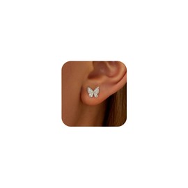 SUYACS 925 Sterling Silver Butterfly Earrings for Women 14k Gold Plated Cute Butterfly CZ Stud Earring Dainty Insect Animal Hypoallergenic Earring Jewelry Christmas Gifts for Mom Daughter (Silver)