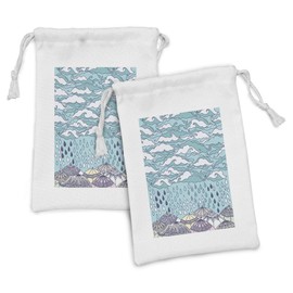 Ambesonne Autumn Fabric Pouch Set of 2, Funky Overcast Day Cumulus Clouds Like Sea Wave Floating Wet on Umbrella, Small Drawstring Bag for Toiletries Masks and Favors, 9" x 6", Blue Purple