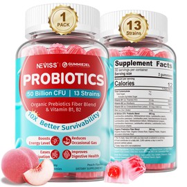 NEVISS Probiotic + Prebiotic Gummies for Adults & Kids 4+, Sugar Free Chewable 50 Billion CFUs w/Fiber, Vitamin B1 B2 D3 & Zinc, for Digestive & Gut Health, Boost Microflora Diversity, 60 Cts