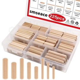 smseace 225Pcs Wooden Dowel Pins - 8 Sizes 1/4Inch 5/16Inch 3/8Inch Fluted Wooden Dowel Kit for Crafts, Furniture, Door, DIY
