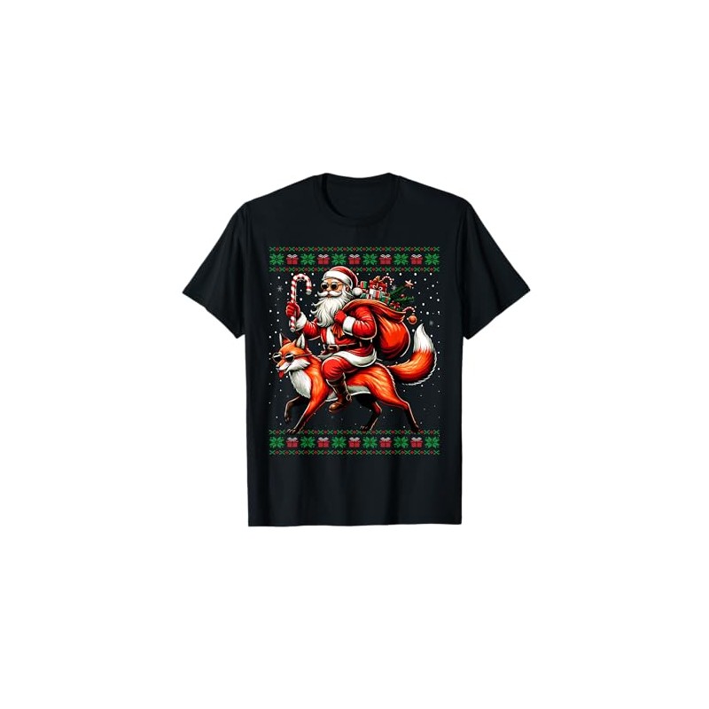Santa Riding Fox Animal Ugly Christmas Jumper T-Shirt, black