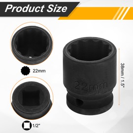 HARFINGTON 1/2" Drive x 22mm Shallow Impact Socket 12-Point Metric CR-V Steel Spindle Nut Impact Flip Sleeve for Home Auto Nuts Bolts Repair