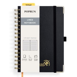 POPRUN Spiral Bullet Lined Journal Notebook, [A5 Size] - 120 Gsm Thick Paper, 141 Numbered Pages, Wirebound Notepad for Men & Women with Pocket, Index Tabs, 8 Perforated Sheets, Black