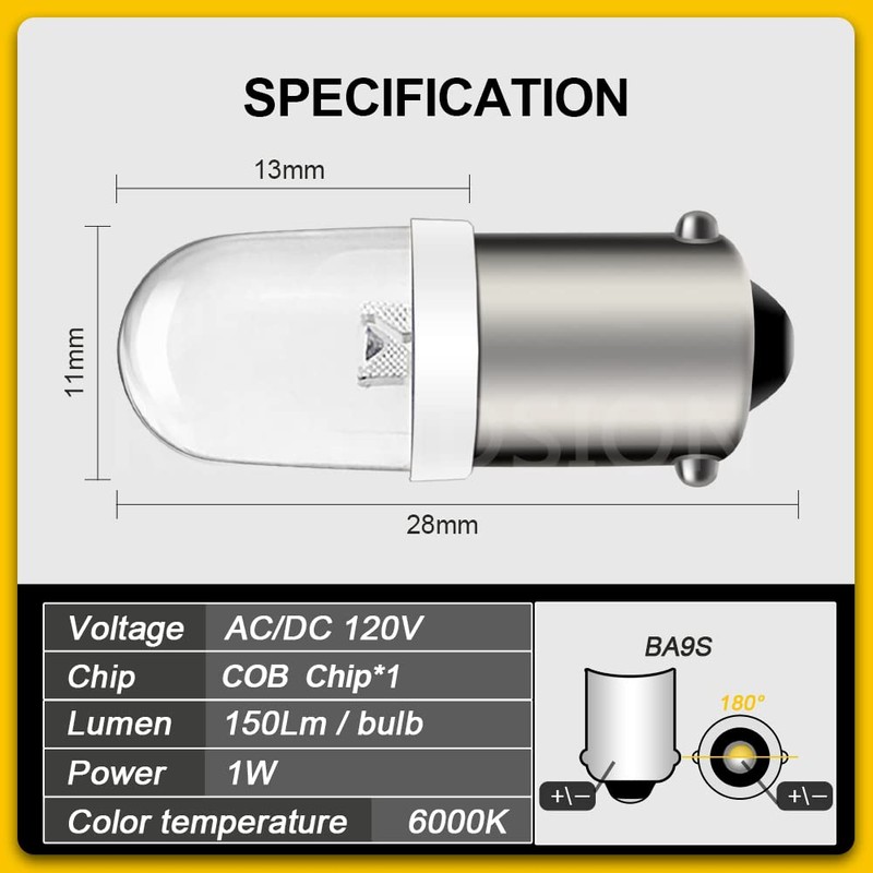 Ruiandsion BA9S LED Bulb 120V AC/DC Miniature Bayonet 9mm BA9s