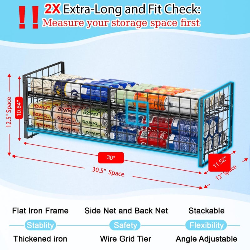 2-Tier Stackable Can Rack Organizer for Pantry Shelf, Extra-Long Can