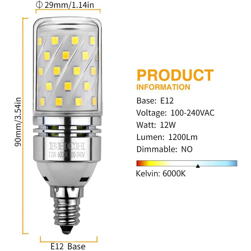 E12 LED Corn Bulbs 12W,6000K Daylight White,1200LM,100W Incandescent Bulbs Equivalent,Pack