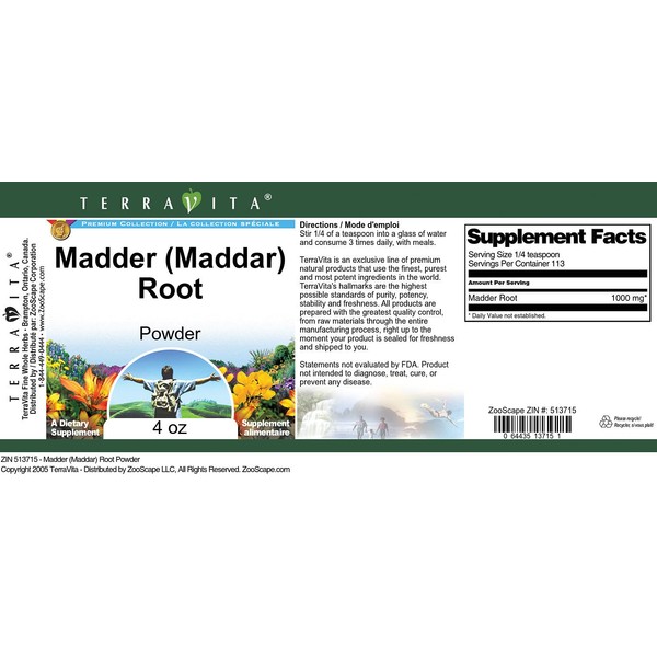 TerraVita Madder (Maddar) Root Powder (4 oz, ZIN: 513715)
