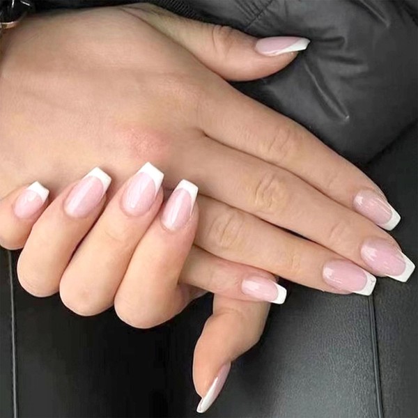 White French Tip Press on Nails Short Coffin Fake Nails