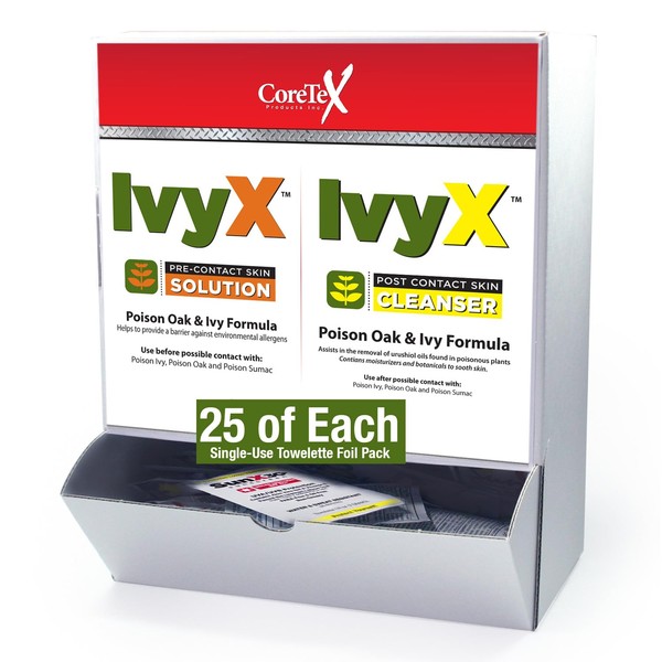 CoreTex Ivy X Pre & Post Combo Wallmount Box - 50 Towelettes - 25 Ivy X Pre & 25 Ivy X Post Cleanser, Poison Ivy Treatment Wipes