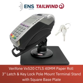 ENS Tailwind Verifone Vx520 CTLS 40MM Paper Roll 3" Latch and Key Lock Compact Pole Mount Terminal Stand with Square Freestanding Mobility Base Plate, Black