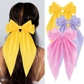 Loqpol 3 PCS Silky Satin Hair Bows, Oversized Long Tail Bows with Barrette Clips, Coquette Hair Accessories for Women and Girls (B.Yellow - Lavender - L.Pink)