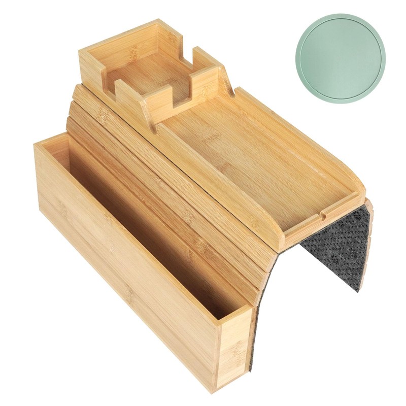 Bamboo Sofa Armrest Tray with Storage Pocket