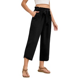Colormagic Womens Wide Leg Capri Pants Elastic High Waisted Adjustable Knot Pants Loose Casual Trousers with Pockets (Black,L)