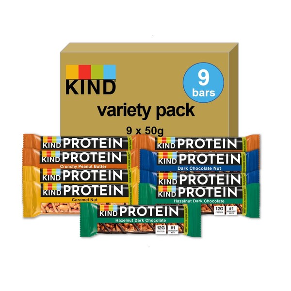 KIND Protein Variety Pack, Gluten Free, High Fibre, No Artificial Colours, Flavours to Preservatives, 9 x 50g bars