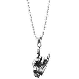 Punk Steel Mens Womens Rock and Roll Hand Sign Gesture Skull Pendant Necklace, 30 in Ball Chain(CA)