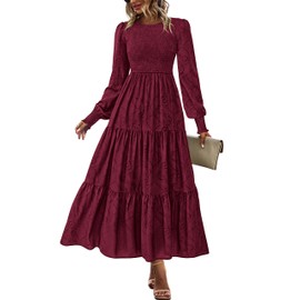 dowerme Maxi Dresses for Women 2025 Long Sleeve Floral Smocked A Line Polka Dot Flowy Boho Vacation Dress Fall Clothes(Wine Red Floral,Small)