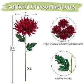Oairse 6'' Large Artificial Chrysanthemum Flowers 4pcs Silk Flower with 65cm Long Stem Fake Flowers Faux Spider Mums Flowers Red Flower for Autumn Decor Flora Arrangement Bridal Bouquet