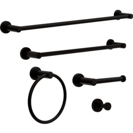 Franklin Brass Wake (5-Pack) Bathroom Set Matte Black 18" and 24" Towel Bar Racks,Toilet Paper Holder, Hand Towel Holder, Hook | Bathroom Accessory Set Towel Holder Hardware Set WAK65-MB