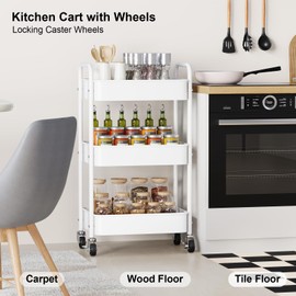 3 Tier Rolling Cart Metal, White Utility Cart with Lockable Wheels, Mesh Rolling Storage Cart Organizer on Wheels, Three Tiered Craft Cart for Kitchen, Bathroom, Office,Laundry Room, Art, Baby Diaper