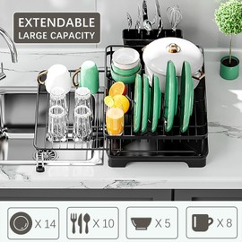 VNIMTI Dish Drying Rack, Expendable Dish Rack for Kitchen Counter, Large Capacity Sink Dish Drainers, Kitchen Organizer with Cutlery Holder, Dish Drainer Holder Over Sink, Black