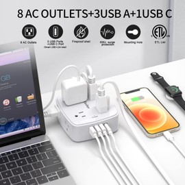 USB Power Bar Extension Cord - Yintar 6Ft Surge Protector Power Strip with 8 Outlets and 4 USB Ports(3U1C), 3 Side Outlet Extender for Home, Office, Dorm Essentials, ETL Listed, White