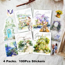 AuriicLeaf Green Garden PET Sticker Set, 100PCS Nature Aesthetic Stickers for Journaling, Scrapbooking, DIY Crafts and Art Supplies