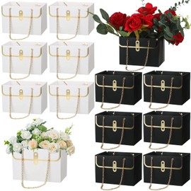 Lincia 12 Pcs Paper Flower Gift Bags Wedding Bouquet Flower Box with Handle Flower Boxes for Arrangements Gift Wrapping Bags Florist Handbag for Gift Wedding Baby Shower Party (Black, White)
