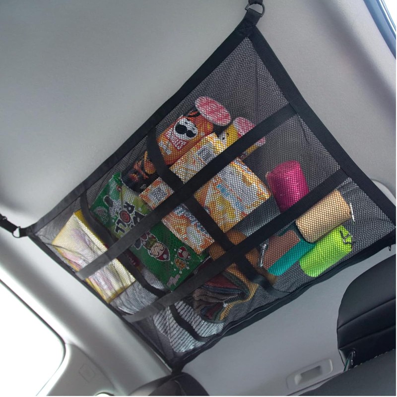 Car Ceiling Cargo Net Pocket, Interior Adjustable Double-Layer Mesh Storage