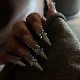 Long Stiletto Press on Nails White French Tip Fake Nails with 3D Bow Pearl Designs 24 Pcs Natural Reusable Glossy Acrylic Nail Full Cover Stick on Nail for Women Wedding No Glue WYFHDT