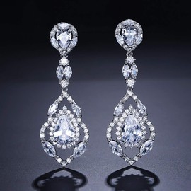 QUKE Silver Tone CZ Austrian Crystal Water Drop Bridal Wedding Dangle Hanging Earrings