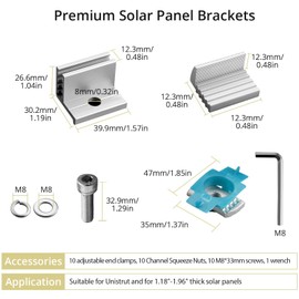 Anbte 10pcs Adjustable Solar Panel End Clamp for Unistrut, 30-50mm Aluminum Solar Panel Mounting Brackets with Nuts Bolts and Wrench, for Metal Roof, Tin Roof, Flat Roof, Sheet Roof, RV, Silver