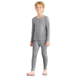 VZV Kids Thermal Underwear Set, Boys Waffle Thermal Underwear Set Long Sleeve Top and Bottom for Skiing, Cold Weather Grey
