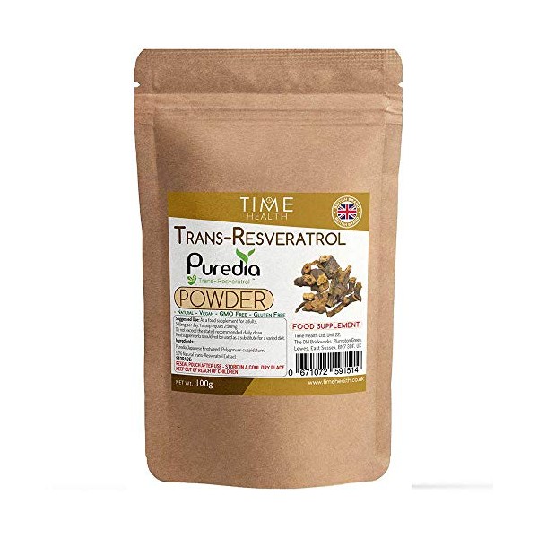 Trans Resveratrol Powder - Puredia Japanese Knotweed (Polygonum cuspidatum) - 3rd Party Tested for Purity - Zero Additives (100g Powder Pouch)