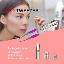 6 pinzas de luz de acero inoxidable con luz LED, pinzas iluminadas para depilación de precisión para hombres y mujeres (rojo, morado, azul oscuro)