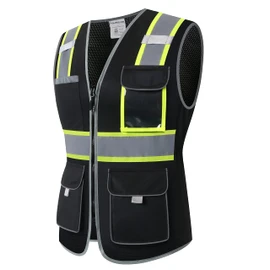 HoliSecure Safety Vest for women, Hi vis Reflective Lady Work vest With 9 Multi Pocket And Zipper, Black, Medium