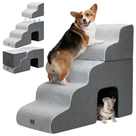 Garnpet Dog Stairs for High Beds with Tunnel, 5-Step Dog Steps for Small Dogs and Cats, Foldable Pet Stairs for High Bed Climbing, Non-Slip Balanced Pet Step Indoor, Light Grey