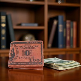 Jizlan Brown Mens US $100 Dollar Bill Leather Bifold Card Holder Wallet Handbag Purse Leather Credit Card Photo Holder