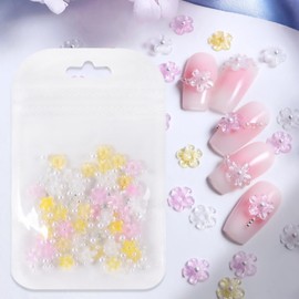 Tyuimhx 50 Pcs Flowers Nail Charms 3D Resin Pink White Yellow Clear Floral Nail Art Charms White Silver Pearls Nail Rhinestones Spring Summer Supplies for Women DIY Manicure Decorations Crafts