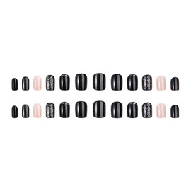 Bhidenaw Nail Tips, 24 Pieces, Nail Tips, Short, Japanese Style, Cute, Simple, Stylish, For Various Occasions, Nail Sticker, Glossy, Fake Nails, Nail File Included, Black Silver