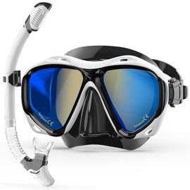 MELUMILU Snorkeling Gear for Adults, Dry Snorkel Set Blue Electroplated 180° Panoramic Wide View Anti-Fog Scuba Diving Mask, Professional Snorkel Gear for Swimming, Diving