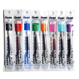 Pentel LR7 Refills for EnerGel Gel Pen, 0.7mm Metal Tip - Set of 8 Colors - Black, Blue, Red, Green, Orange, Pink, Sky Blue & Violet - Supplied Loose