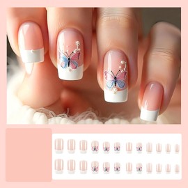 Square Press on Nails Medium False Nails Whhite French Tip Fake Nails with Butterfly Designs Stick on Nails Pearl Charm Glue on Nails Cute Glossy Artificial Nails for Women 24Pcs
