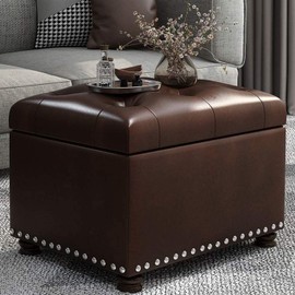 Decent Home 24'' Leather Storage Ottoman Rectangular Foot Rest Stool with Nailhead Trim for Bedroom Living Room(Dark Brown)